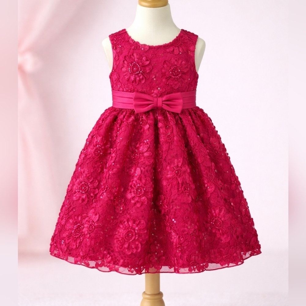 AMERICAN PRINCESS Magenta Puffy Floral Bow Tie Back Party Portrait Dress